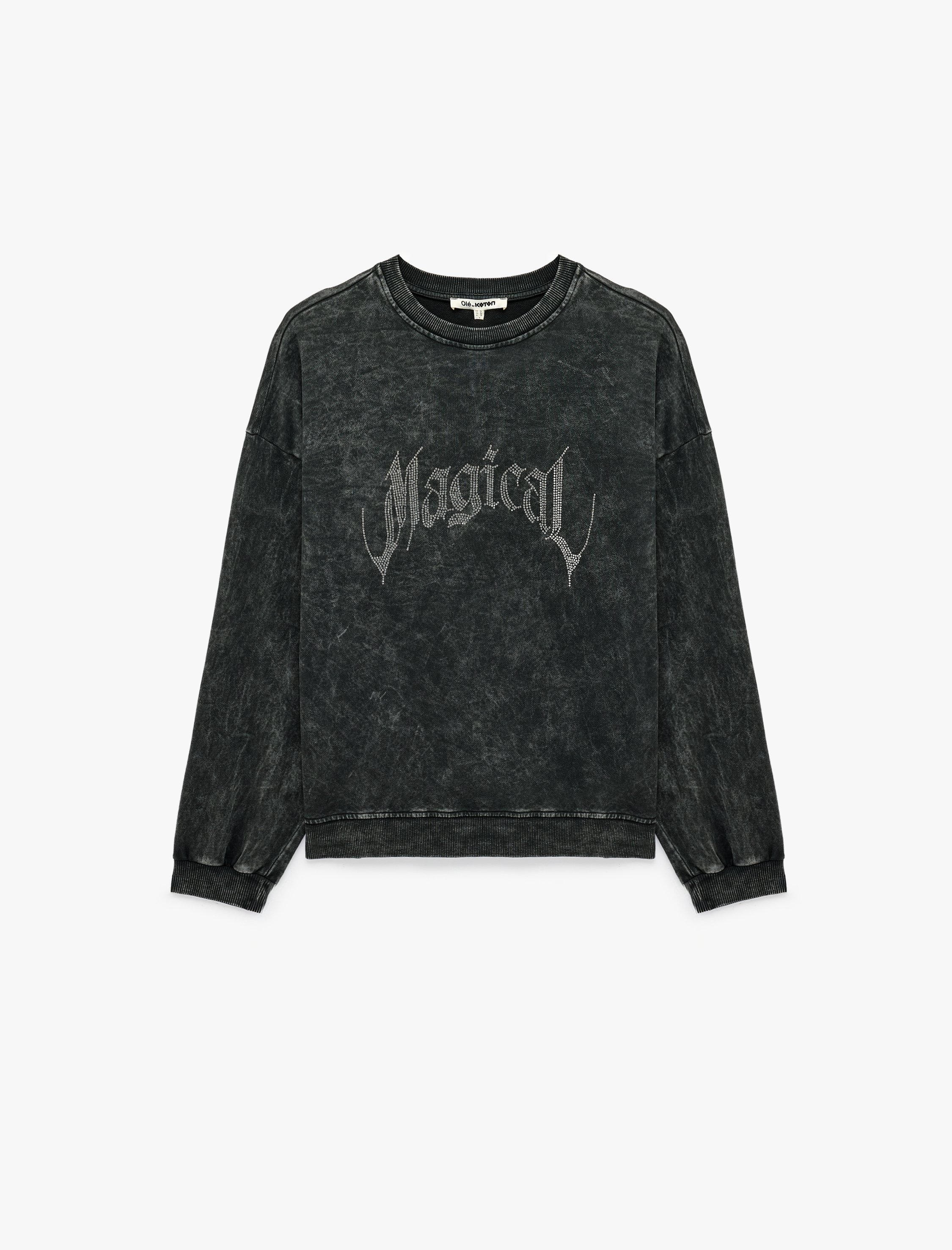  Rahat Kalıp Yıkama Efektli Uzun Kollu Bisiklet Yaka Taşlı Sweatshirt