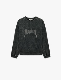 Rahat Kalıp Yıkama Efektli Uzun Kollu Bisiklet Yaka Taşlı Sweatshirt