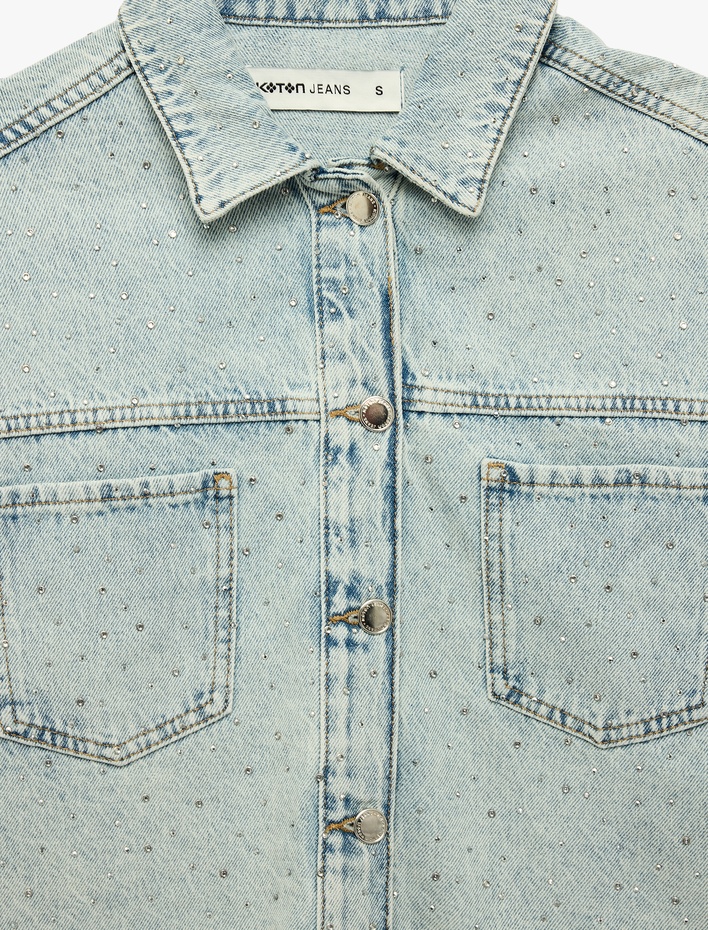  Rahat Kalıp Pamuklu Klasik Yaka Uzun Kollu Cepli Denim Ceket