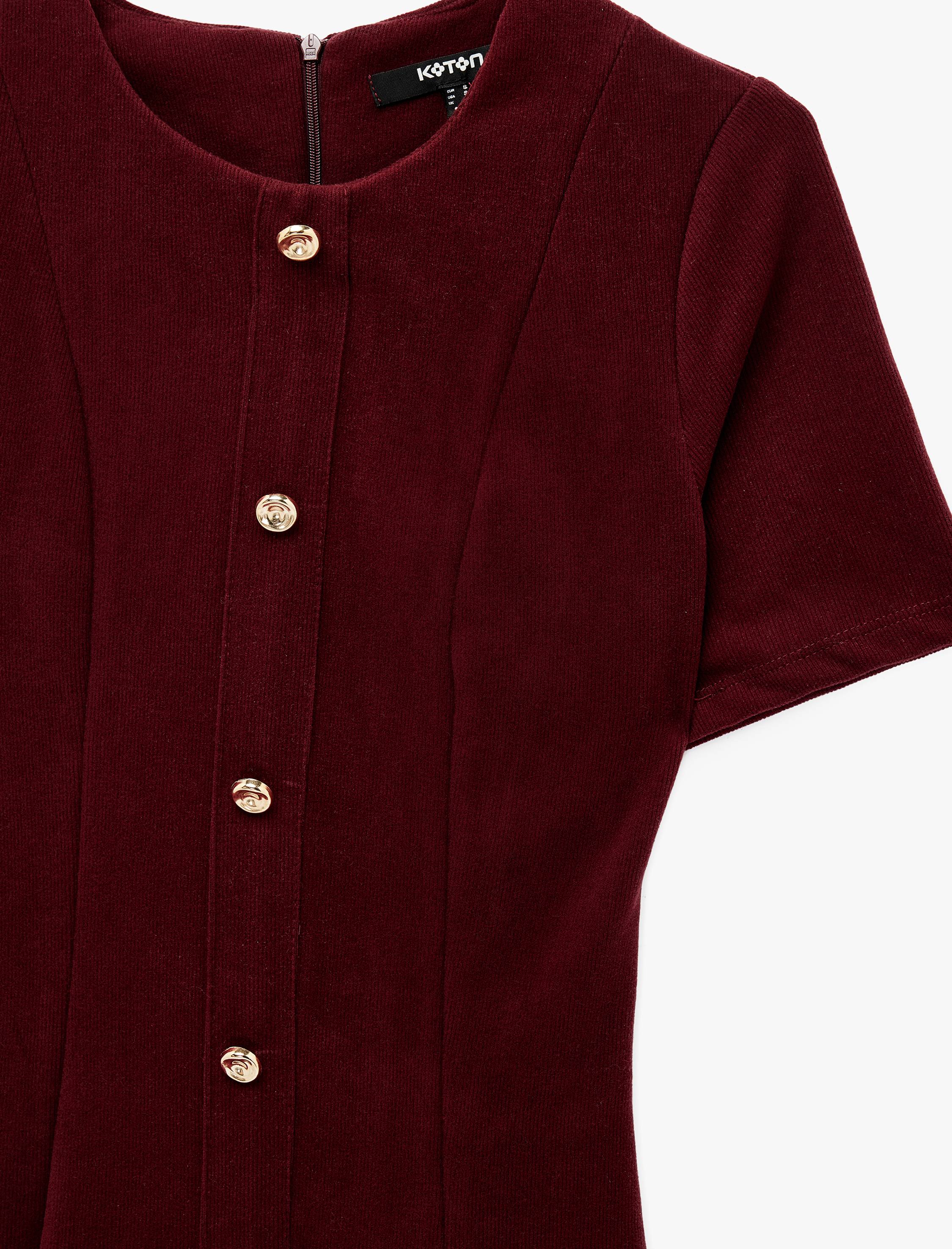   Slim Fit Bisiklet Yaka Kısa Kollu Süs Düğmeli Mini Elbise
