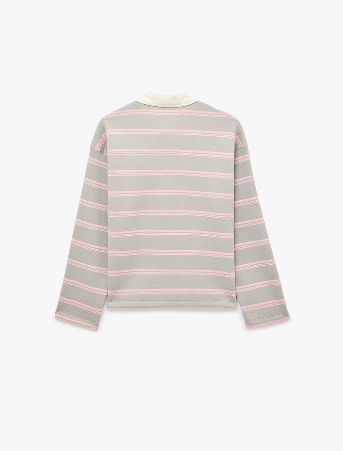  Üç İplik Şardonlu Pamuklu Uzun Kollu Rahat Kalıp Çizgili Polo Yaka Sweatshirt