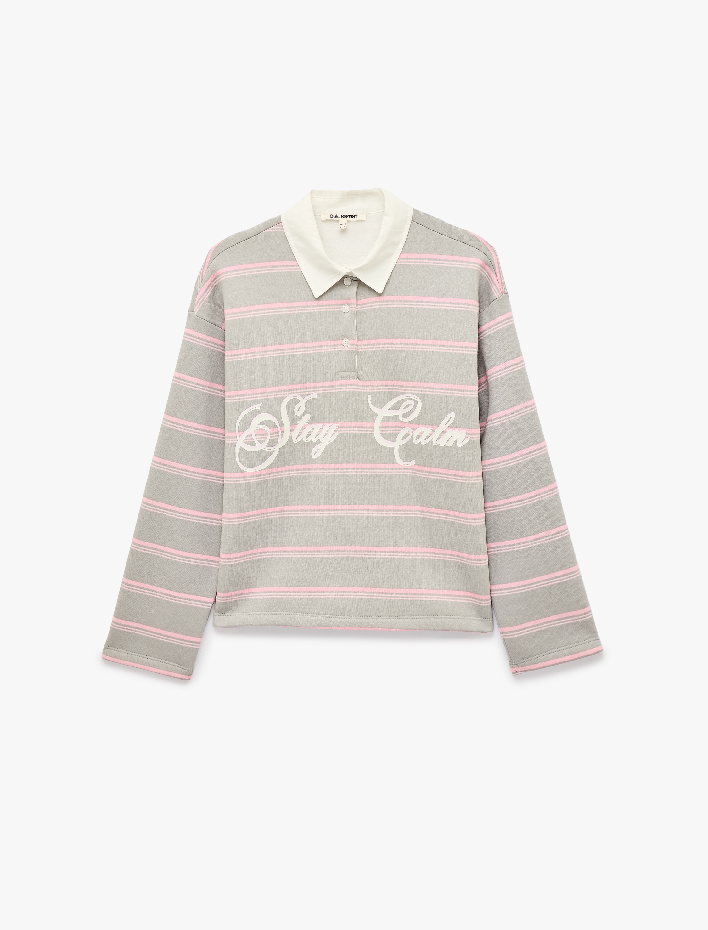   Üç İplik Şardonlu Pamuklu Uzun Kollu Rahat Kalıp Çizgili Polo Yaka Sweatshirt