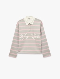 Üç İplik Şardonlu Pamuklu Uzun Kollu Rahat Kalıp Çizgili Polo Yaka Sweatshirt