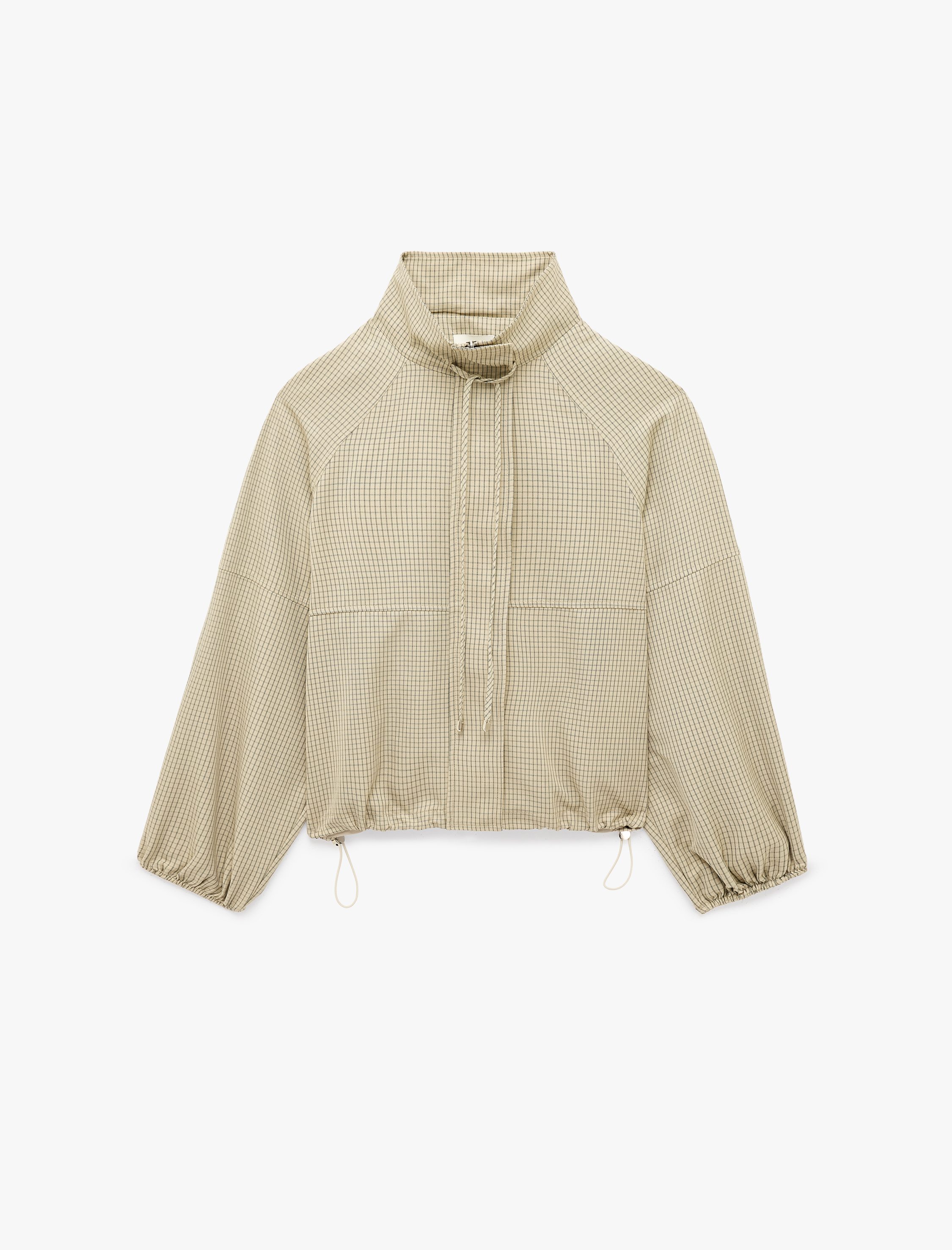  Uzun Kollu Fermuarlı Kareli Dik Yaka Oversize Gabardin Ceket