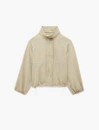 Uzun Kollu Fermuarlı Kareli Dik Yaka Oversize Gabardin Ceket