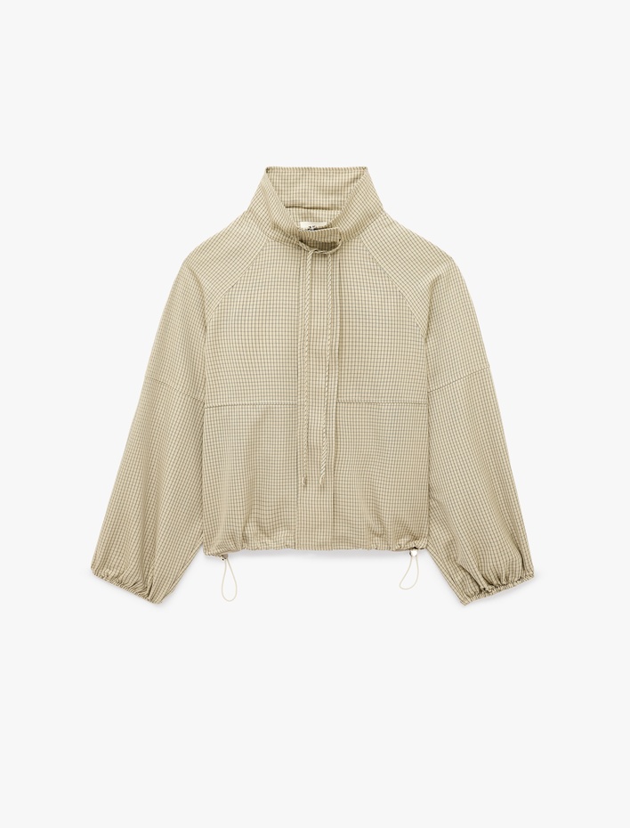  Uzun Kollu Fermuarlı Kareli Dik Yaka Oversize Gabardin Ceket
