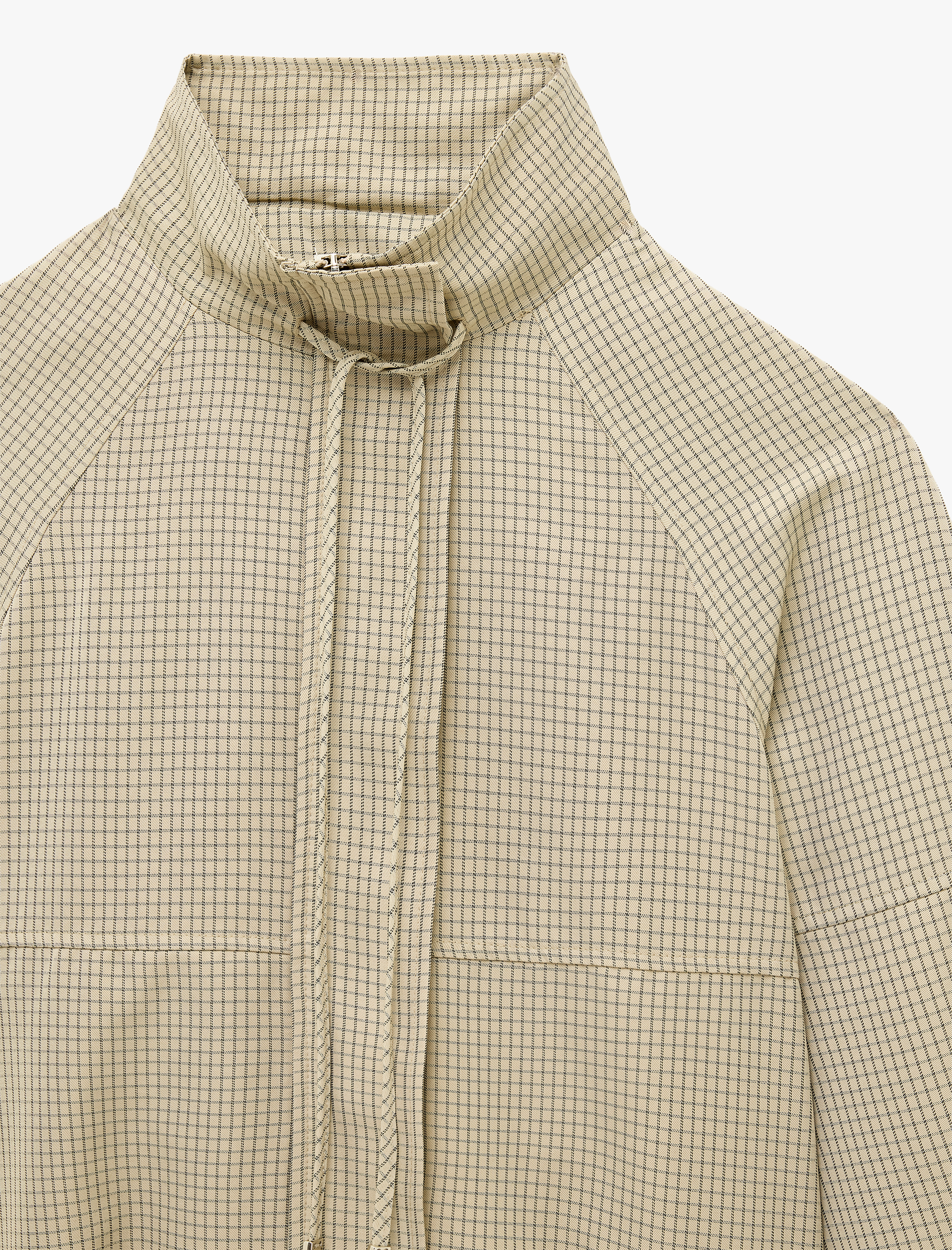   Uzun Kollu Fermuarlı Kareli Dik Yaka Oversize Gabardin Ceket
