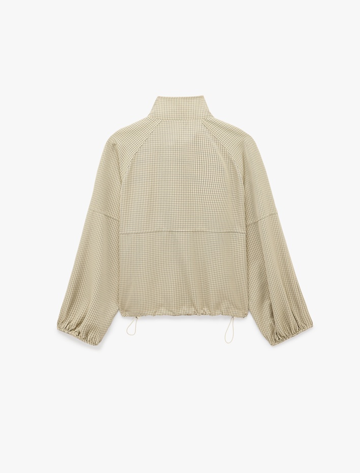  Uzun Kollu Fermuarlı Kareli Dik Yaka Oversize Gabardin Ceket