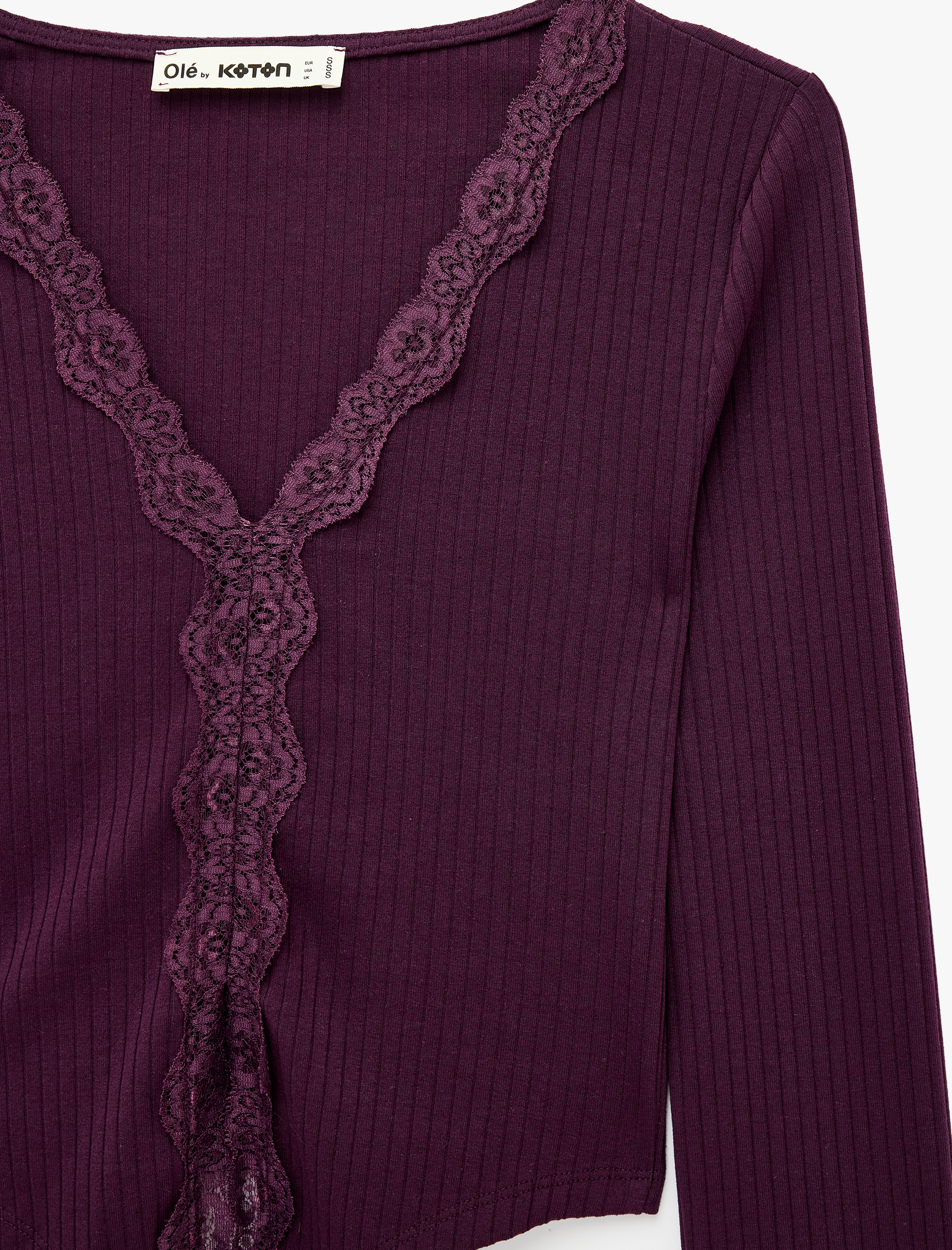   Slim Fit Kaşkorse Dantel Detaylı V Yaka Uzun Kollu Tişört