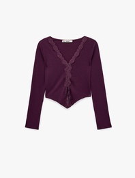Slim Fit Kaşkorse Dantel Detaylı V Yaka Uzun Kollu Tişört