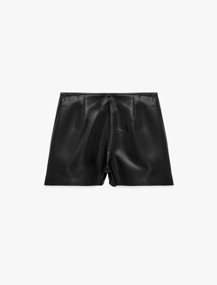  Slim Fit Pile Detaylı Suni Deri Görünümlü Şort Etek