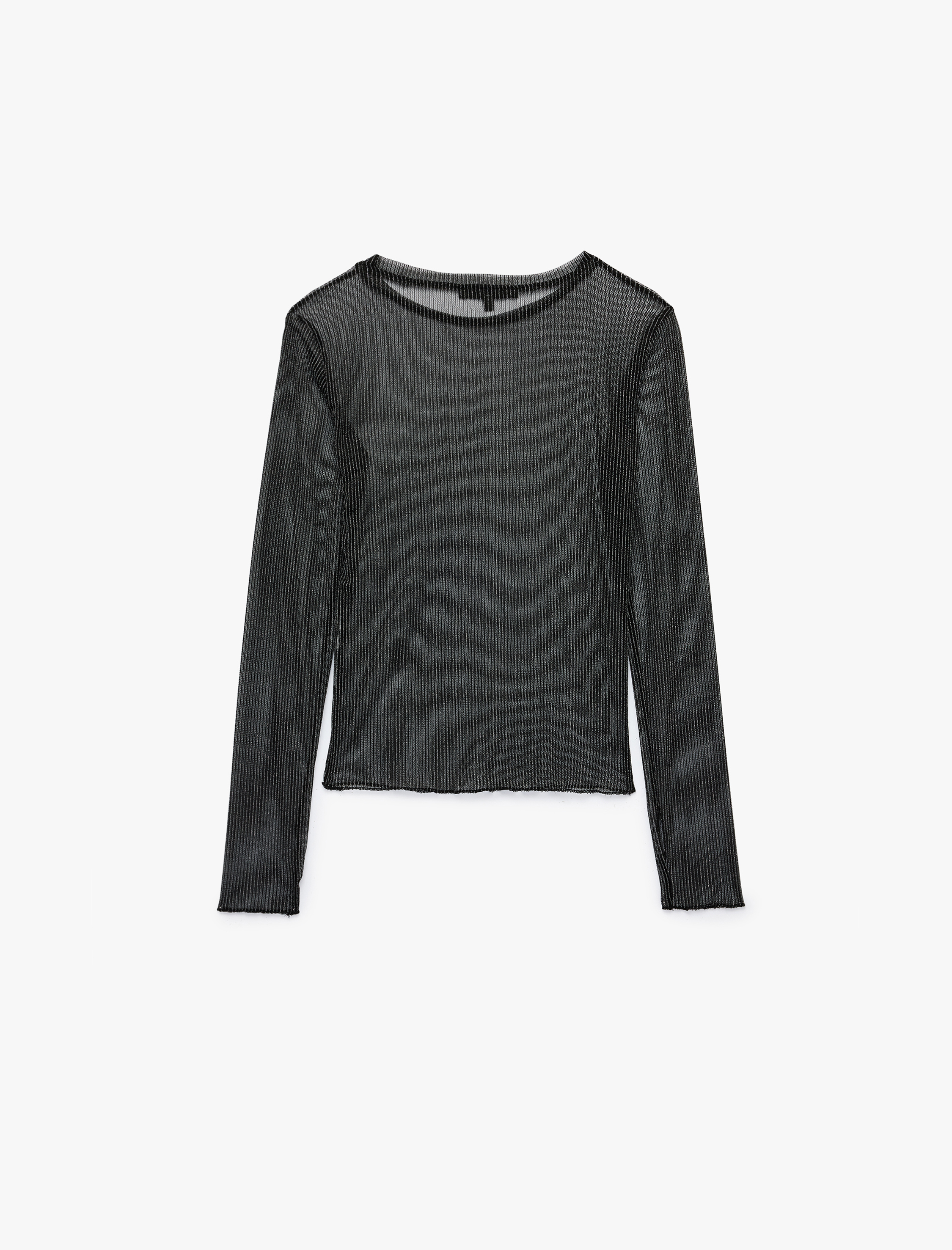  Slim Fit Bisiklet Yaka Uzun Kollu Transparan Tül Simli Tişört