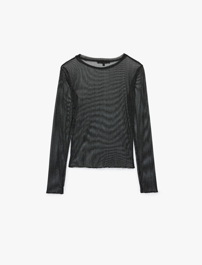  Slim Fit Bisiklet Yaka Uzun Kollu Transparan Tül Simli Tişört
