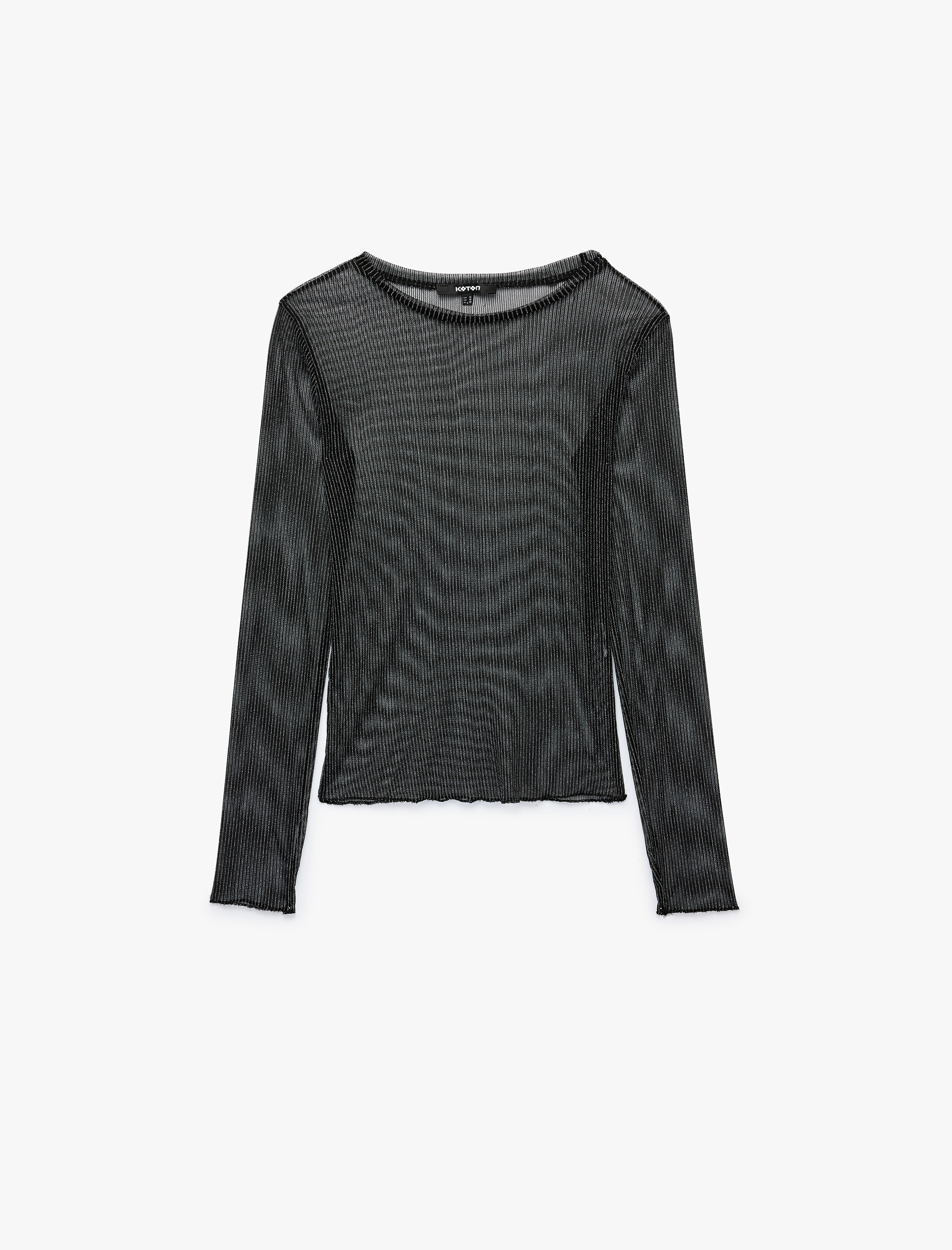   Slim Fit Bisiklet Yaka Uzun Kollu Transparan Tül Simli Tişört