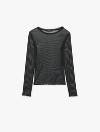 Slim Fit Bisiklet Yaka Uzun Kollu Transparan Tül Simli Tişört
