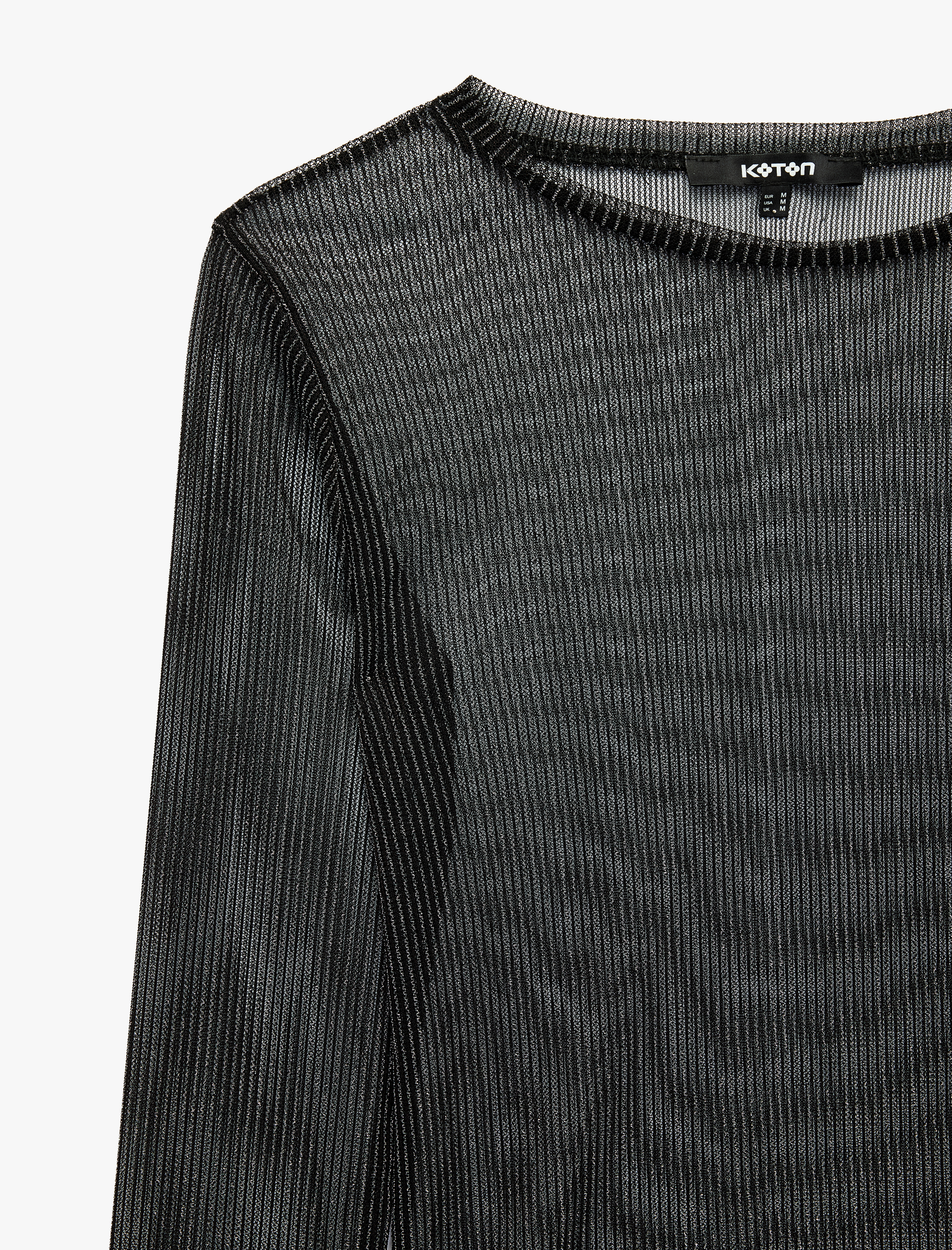   Slim Fit Bisiklet Yaka Uzun Kollu Transparan Tül Simli Tişört