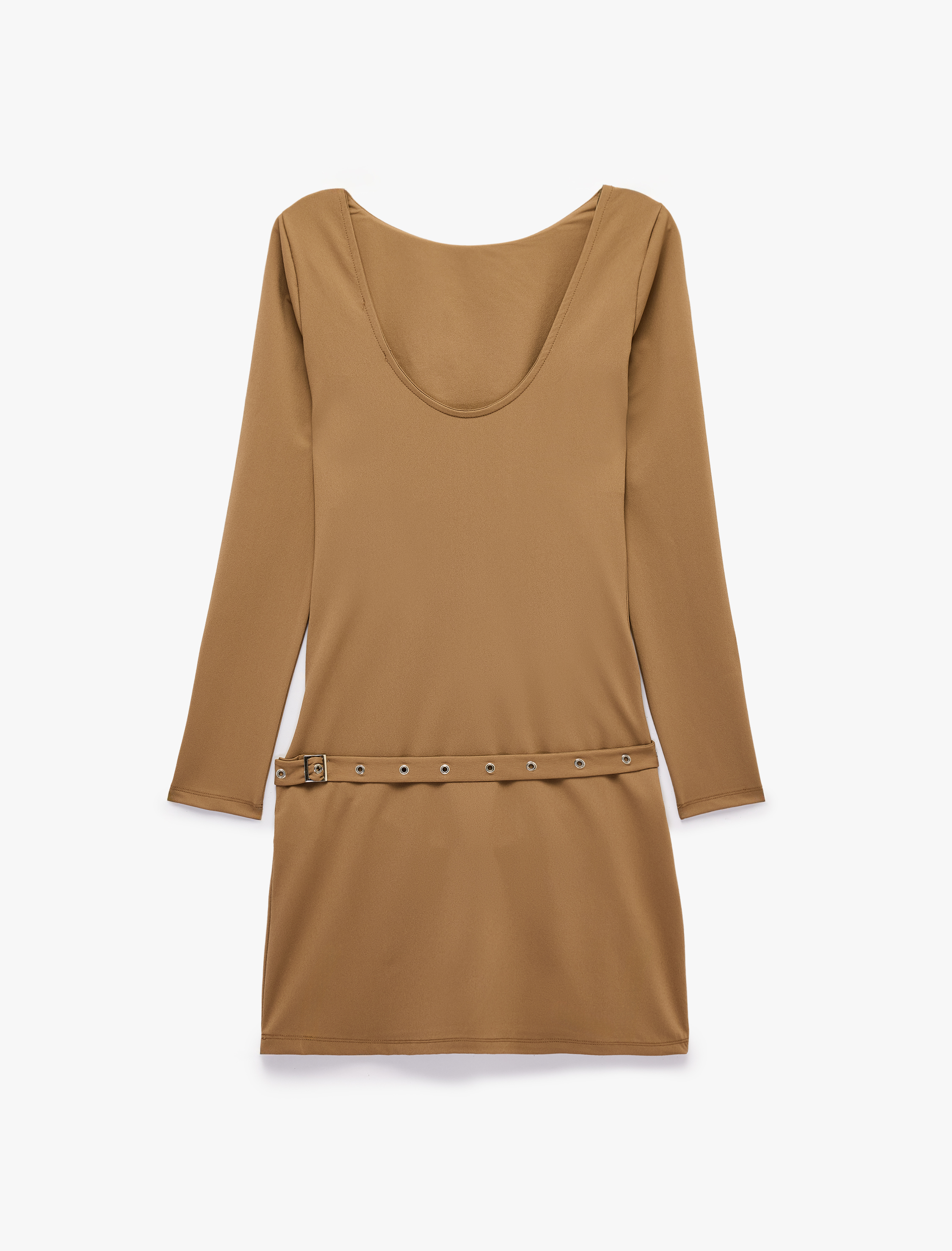 Koton Slim Fit Uzun Kollu Sırt Detaylı Kemerli Kayık Yaka Düşük Bel Mini Elbise görsel 7