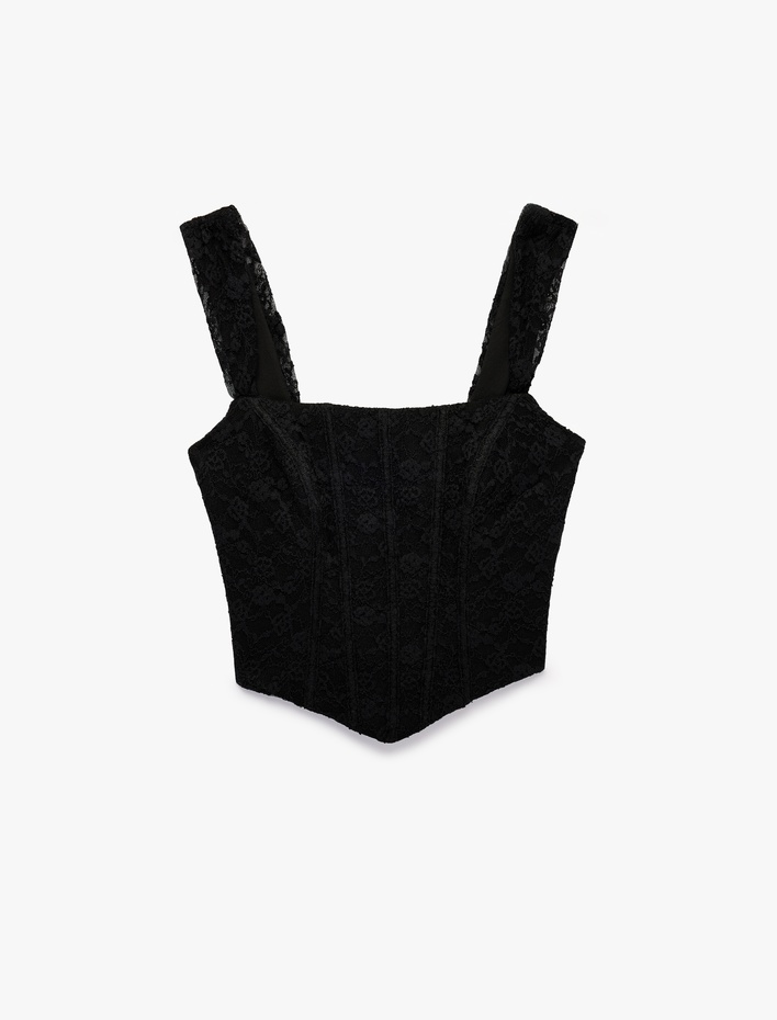  Asimetrik Kesim Fermuarlı Slim Fit Kare Yaka Dantel Korse Büstiyer