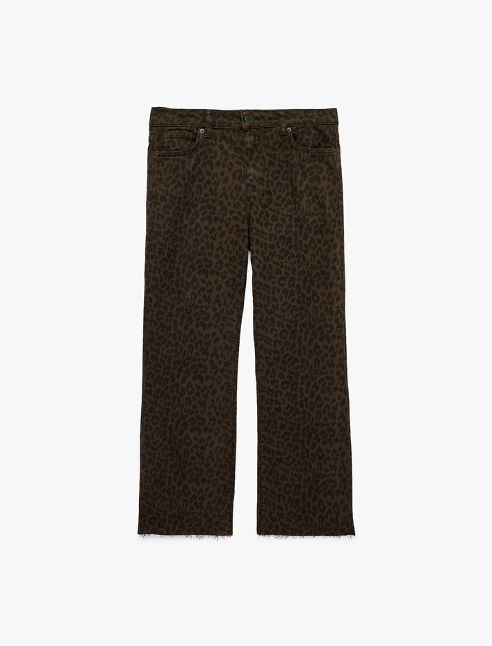  Normal Bel Pamuklu Dar Kesim Kısa İspanyol Paça Leopar Pantolon - Flare Jeans