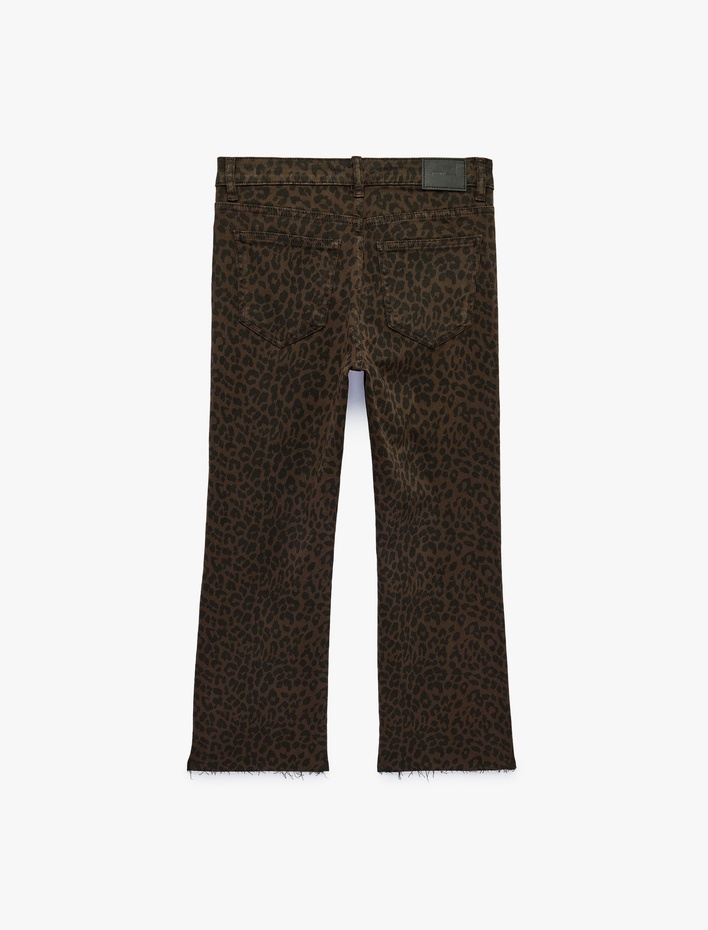  Normal Bel Pamuklu Dar Kesim Kısa İspanyol Paça Leopar Pantolon - Flare Jeans