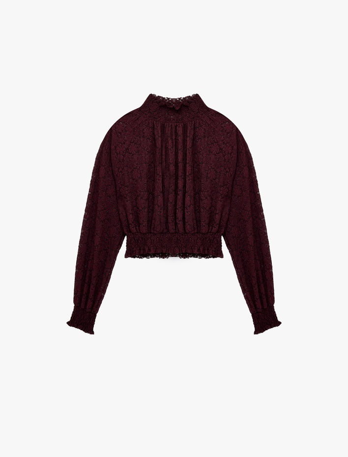  Gipeli Slim Fit Uzun Kollu Dantelli Dik Yaka Bluz