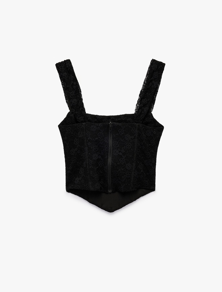  Asimetrik Kesim Fermuarlı Slim Fit Kare Yaka Dantel Korse Büstiyer