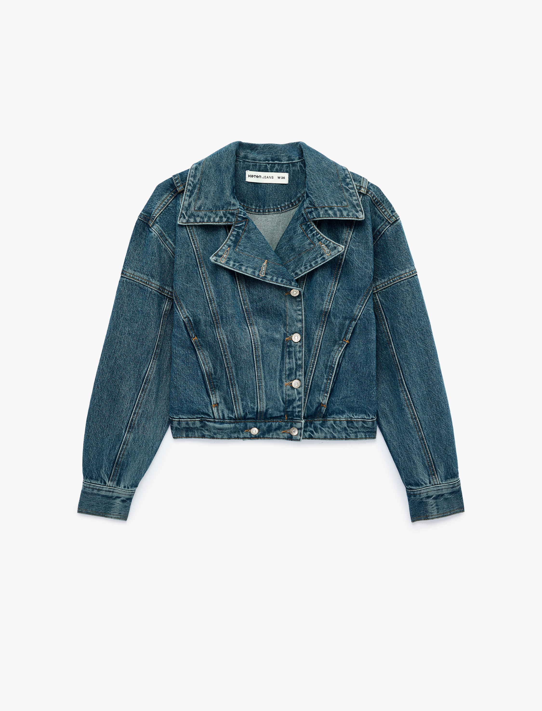   Cepli Rahat Kalıp Düğmeli Dikiş Detaylı Pamuklu Denim Kruvaze Ceket