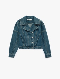 Cepli Rahat Kalıp Düğmeli Dikiş Detaylı Pamuklu Denim Kruvaze Ceket