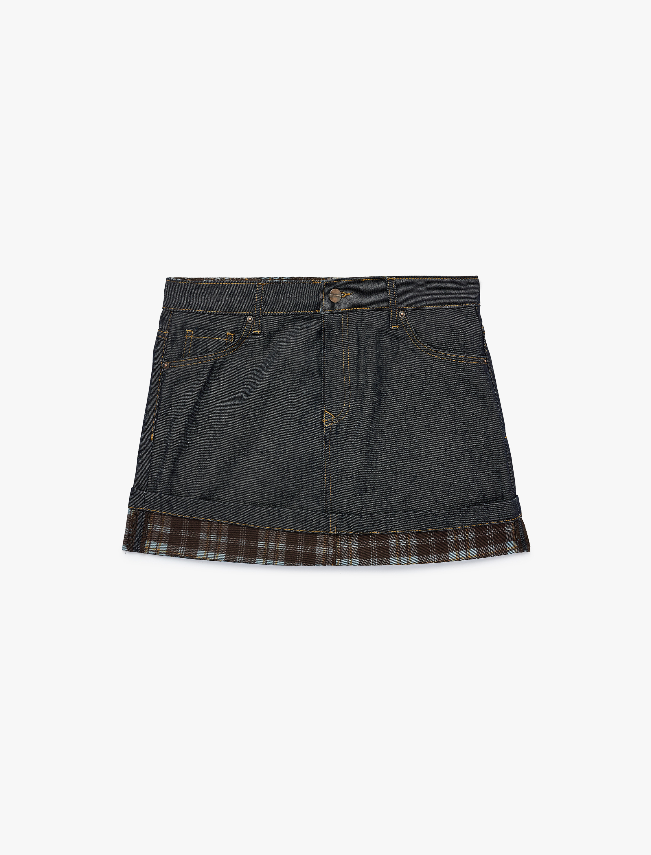   Normal Bel Düğmeli Cepli Pamuklu Ekose Kat Detaylı Mini Denim Etek
