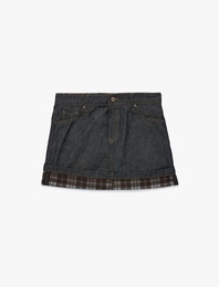 Normal Bel Düğmeli Cepli Pamuklu Ekose Kat Detaylı Mini Denim Etek
