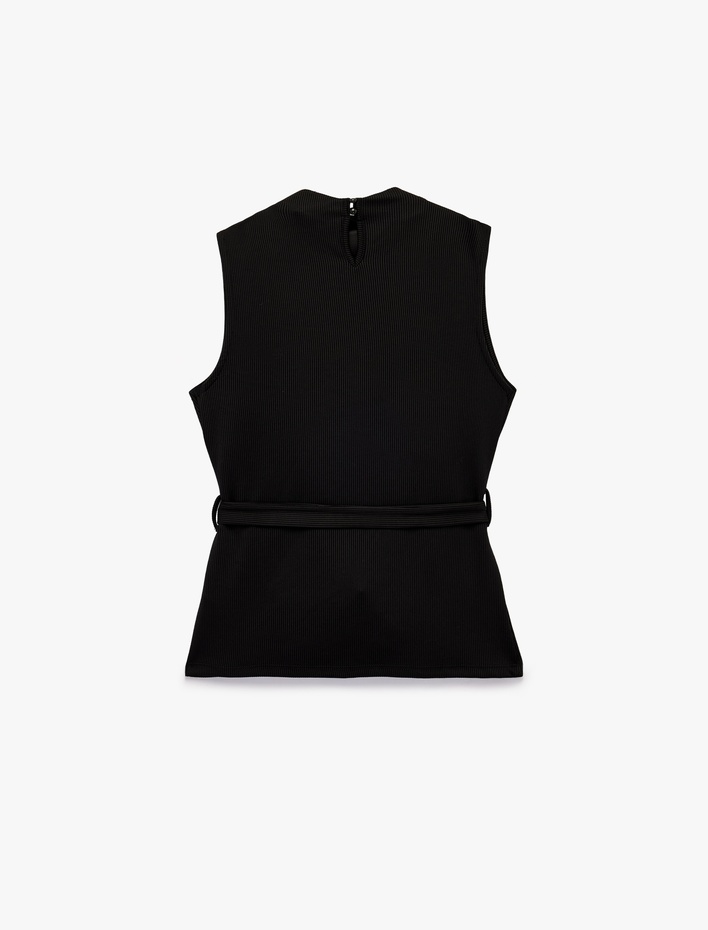  Slim Fit Bağlama Detaylı Dik Yaka Kolsuz Likralı Bluz