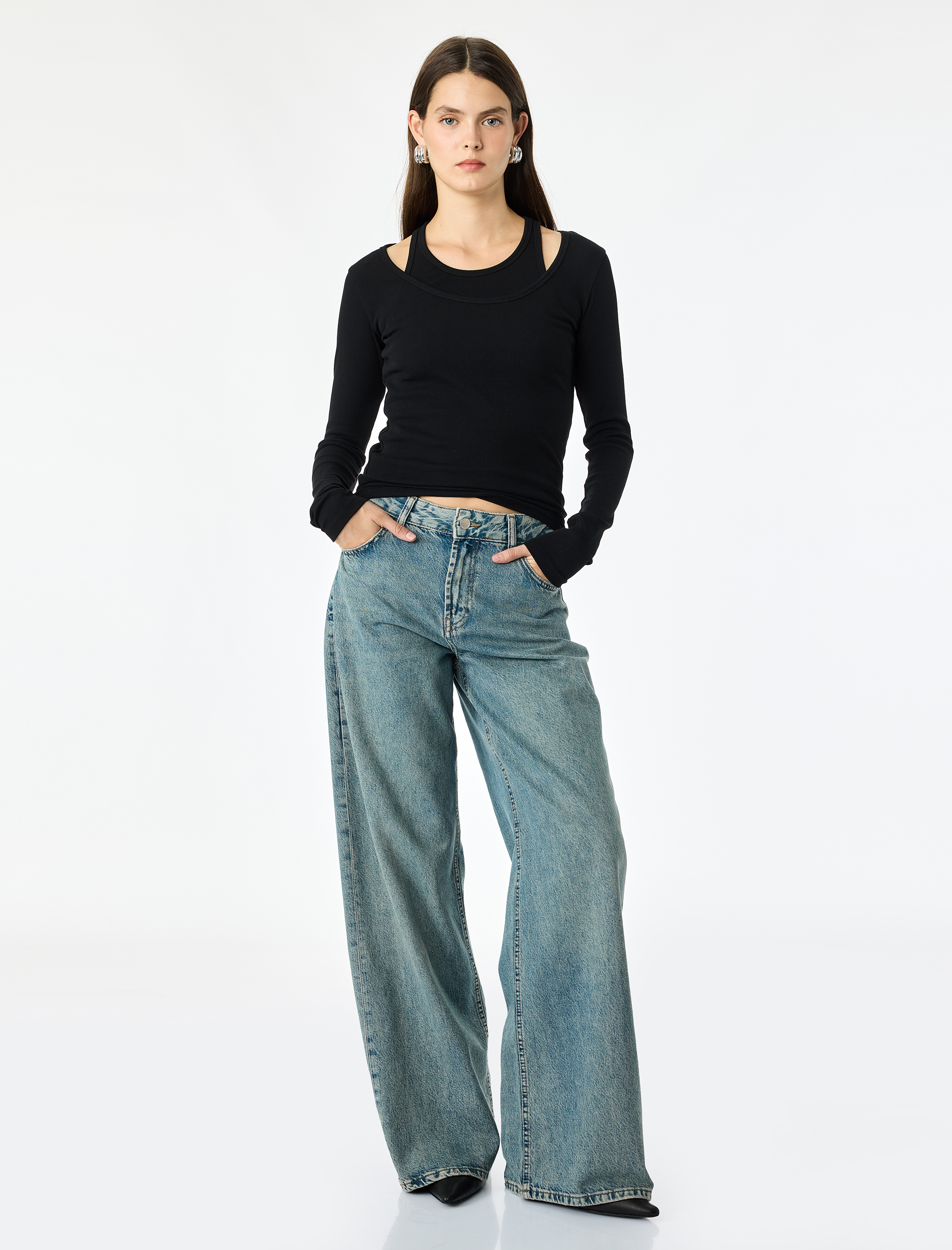   Pamuklu Slim Fit Bisiklet Yaka Katmanlı Uzun Kollu Basic Kaşkorse Tişört