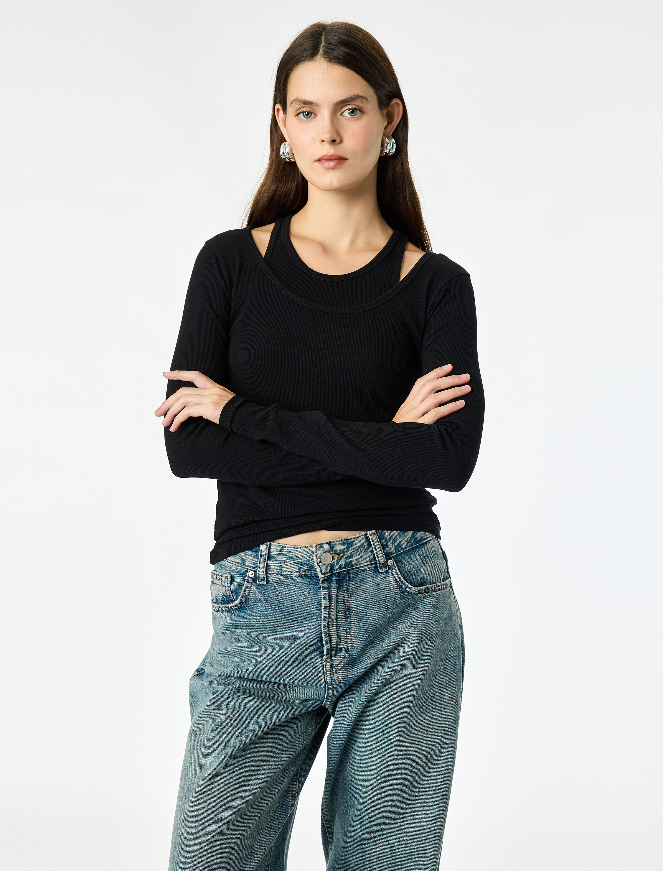   Pamuklu Slim Fit Bisiklet Yaka Katmanlı Uzun Kollu Basic Kaşkorse Tişört
