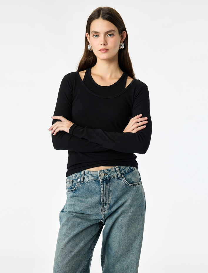 Pamuklu Slim Fit Bisiklet Yaka Katmanlı Uzun Kollu Basic Kaşkorse Tişört