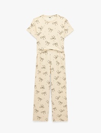 Fiyonk Desenli Rahat Kesim Bisiklet Yaka Kısa Kollu Pijama Takımı