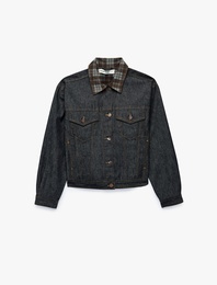 Ekose Yaka Detaylı Düğmeli Cepli Uzun Kollu Denim Ceket