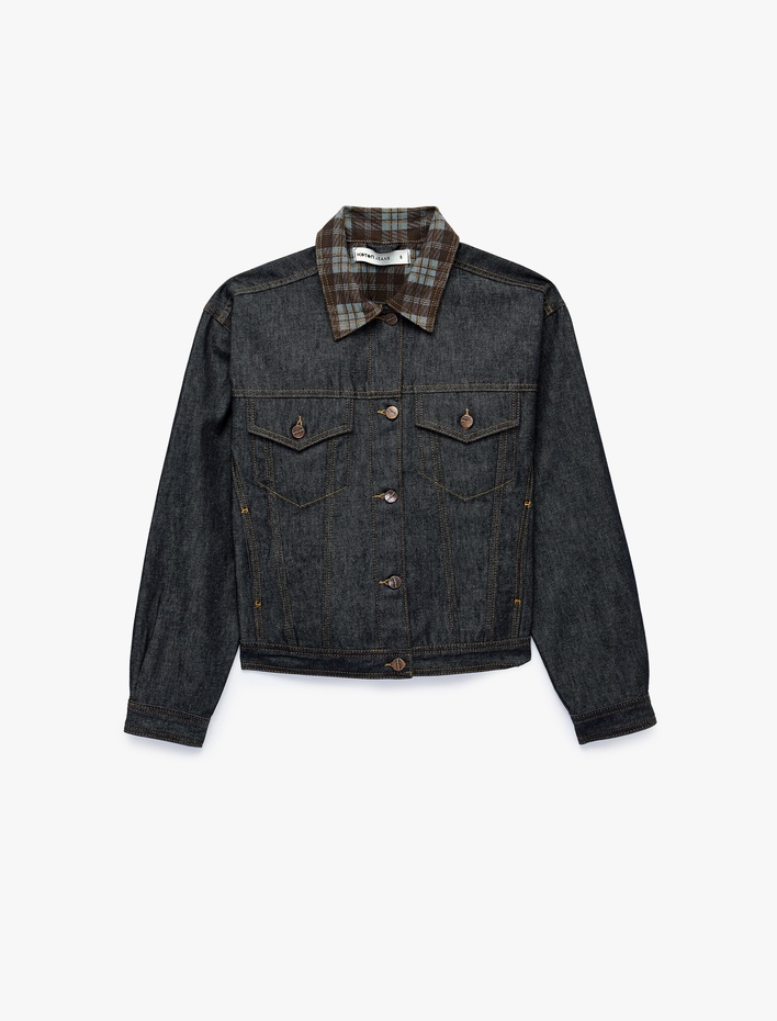  Ekose Yaka Detaylı Düğmeli Cepli Uzun Kollu Denim Ceket