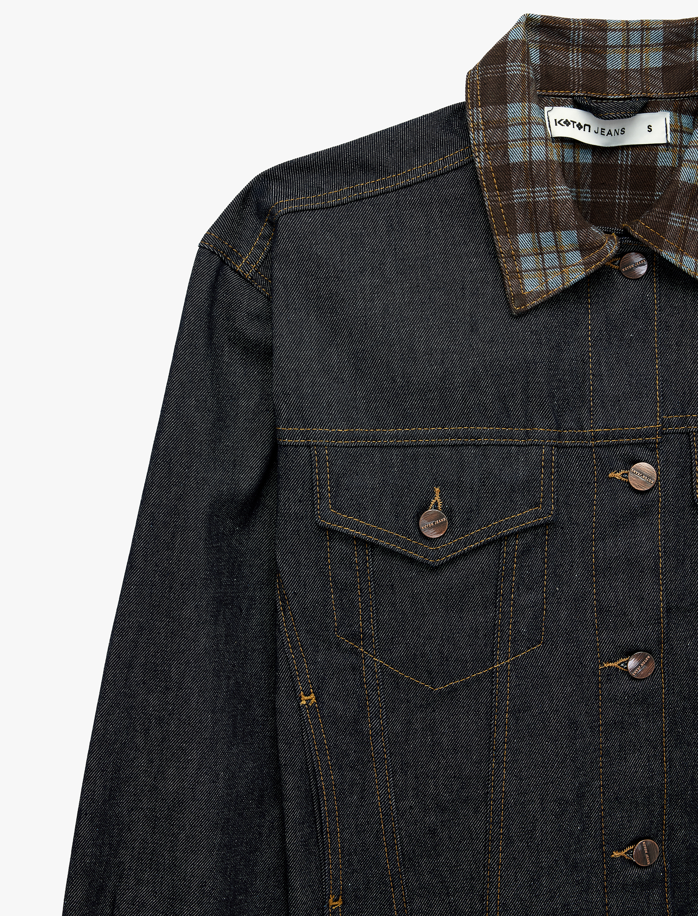   Ekose Yaka Detaylı Düğmeli Cepli Uzun Kollu Denim Ceket