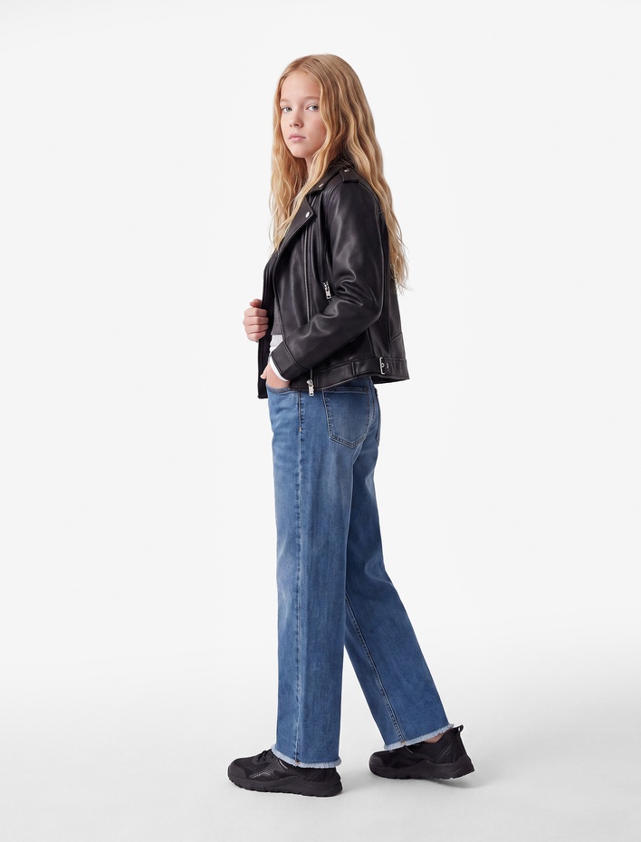 Kız Çocuk Pamuklu Yüksek Bel Cepli Denim Pantolon
