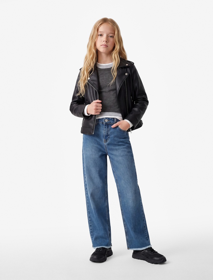 Kız Çocuk Pamuklu Yüksek Bel Cepli Denim Pantolon