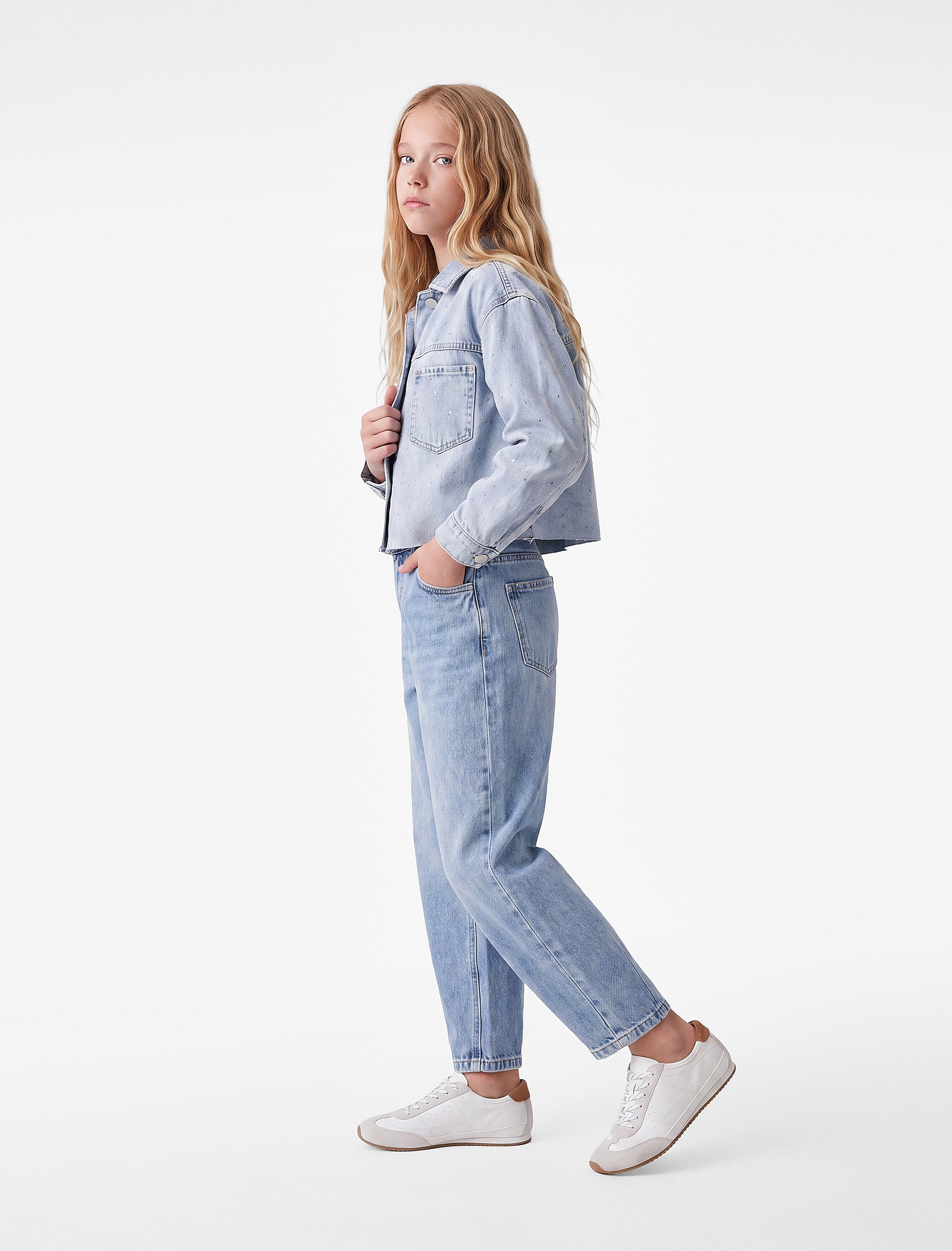  Kız Çocuk Balon Form Denim Pantolon Cepli Pamuklu