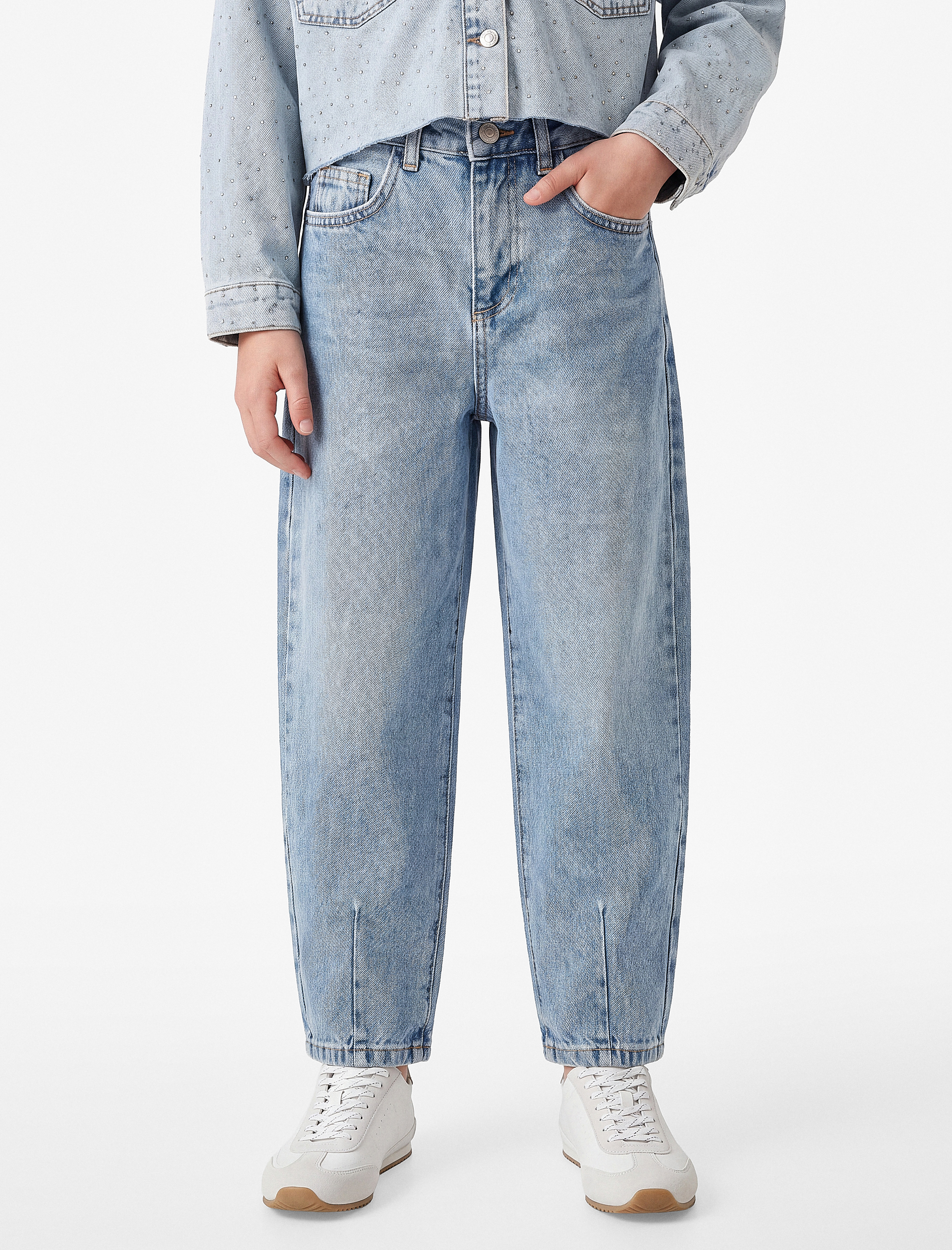  Kız Çocuk Balon Form Denim Pantolon Cepli Pamuklu