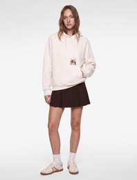 Üç İplik Şardonlu Kedi Nakışlı Uzun Kollu Kanguru Cepli Kapüşonlu Sweatshirt