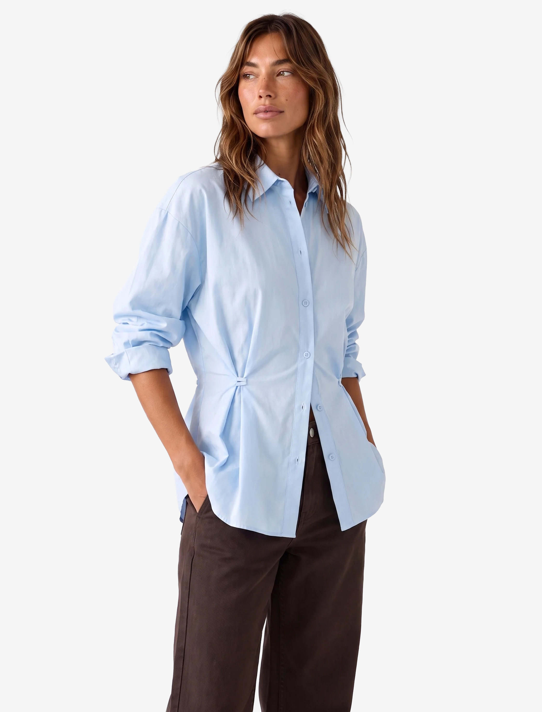   Pamuklu Uzun Kollu Pileli Bel Vurgulu Düğmeli Poplin Oversize Gömlek