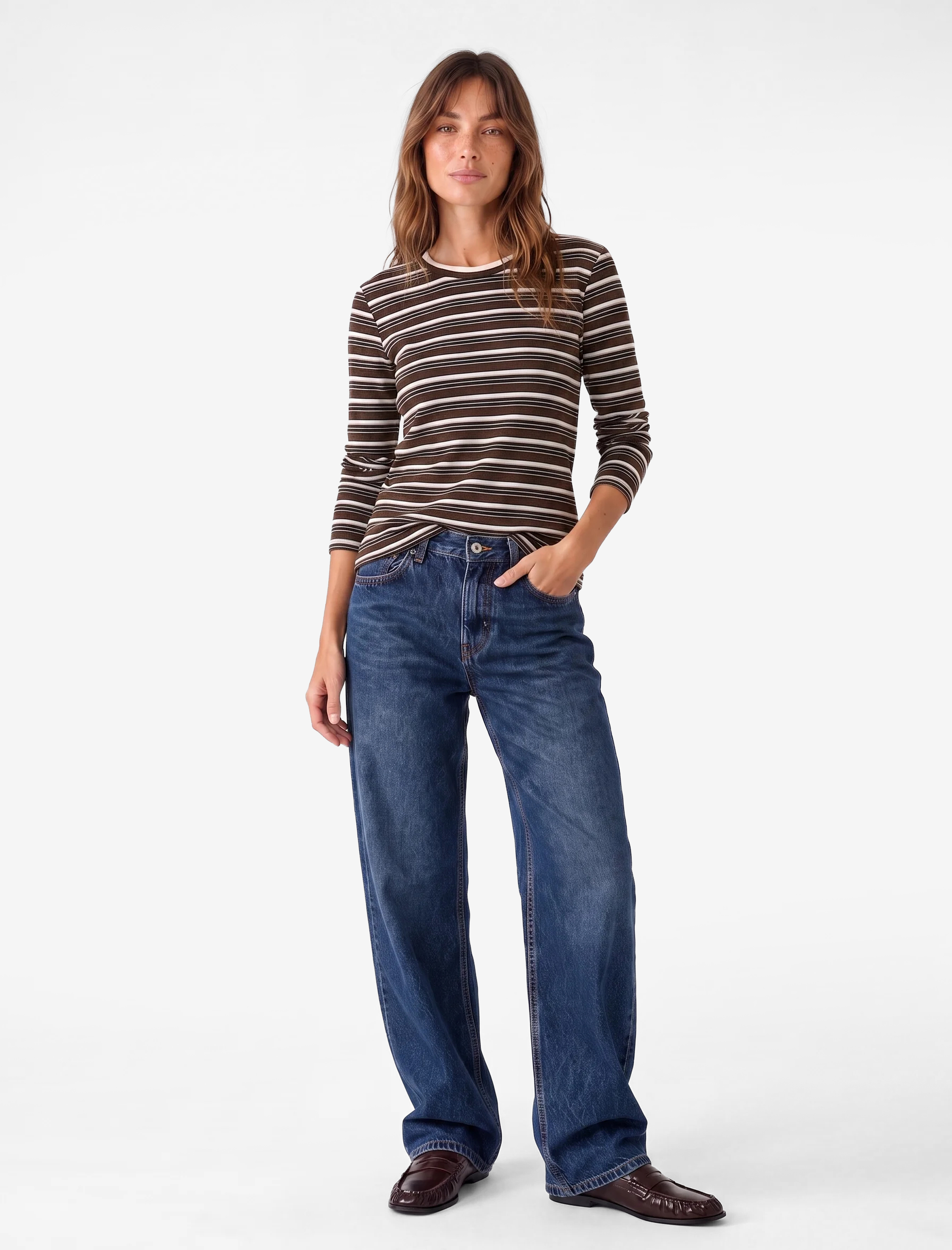   Slim Fit Ribanalı Uzun Kollu Bisiklet Yaka Çizgili Tişört