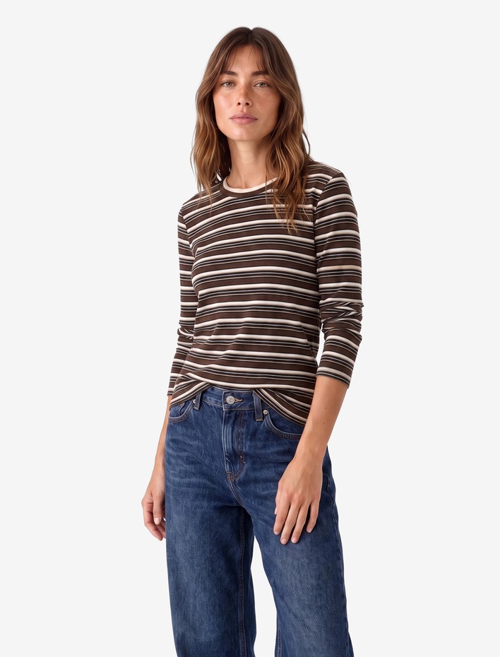  Slim Fit Ribanalı Uzun Kollu Bisiklet Yaka Çizgili Tişört