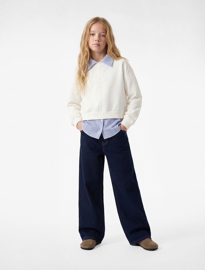 Kız Çocuk Pamuklu Uzun Kollu Gömlek Detaylı Okul Sweatshirt