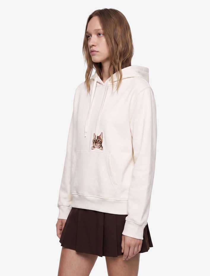  Üç İplik Şardonlu Kedi Nakışlı Uzun Kollu Kanguru Cepli Kapüşonlu Sweatshirt