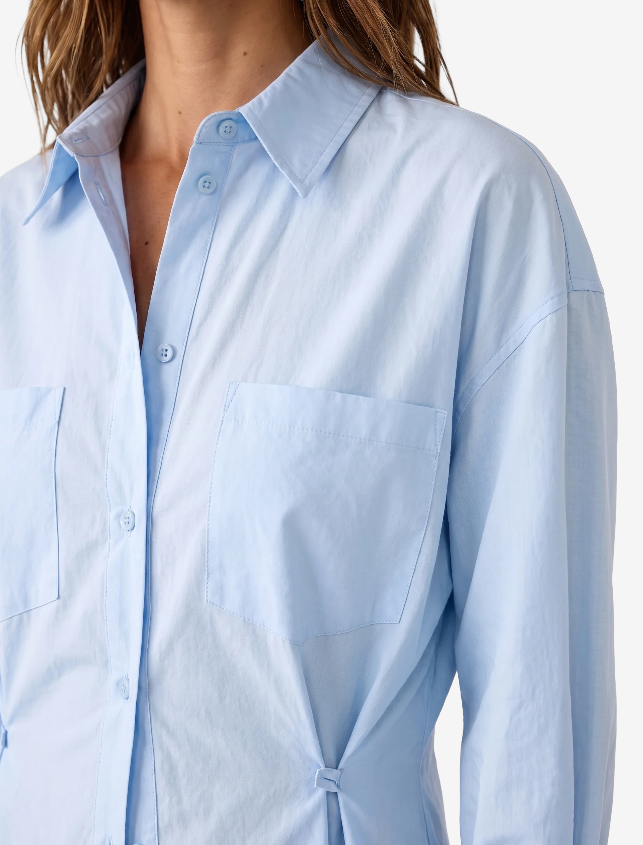   Pamuklu Uzun Kollu Pileli Bel Vurgulu Düğmeli Poplin Oversize Gömlek