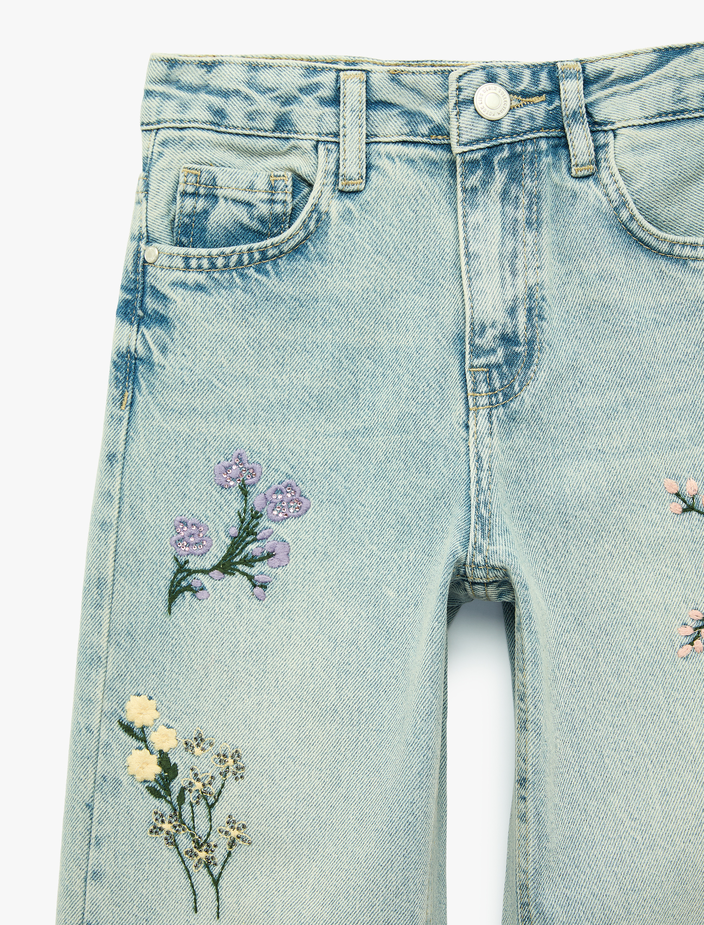  Kız Çocuk Çiçek Nakışlı Pamuklu Geniş Paça Denim Pantolon